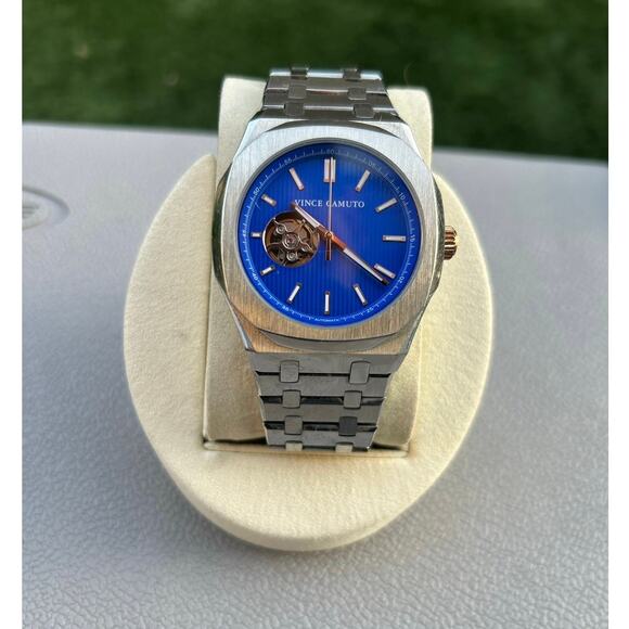 Vince Camuto Automatic Open Heart Blue Dial Stainless Steel Skeleton Men’s Watch